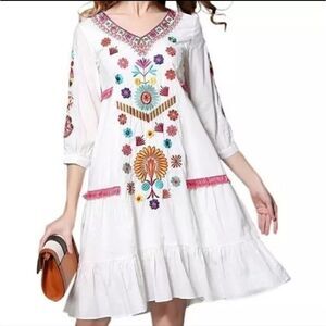 SHINEFLOW Women's Embroidered Mini Dress Bohemian Size Medium